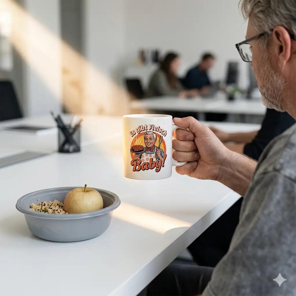 Candid-Foto: Hand hält 'Es gibt Fleisch, Baby!' Tasse neben Quinoa-Salat auf Büro-Schreibtisch, Light-Play.