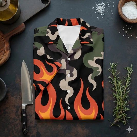 Ein flach liegendes, gefaltetes Hawaiihemd mit einem markanten Muster aus Camouflage-Elementen und lodernden orangefarbenen Flammen, präsentiert auf einer dunklen Arbeitsplatte neben Grill-Utensilien wie einem Messer und frischen Kräutern