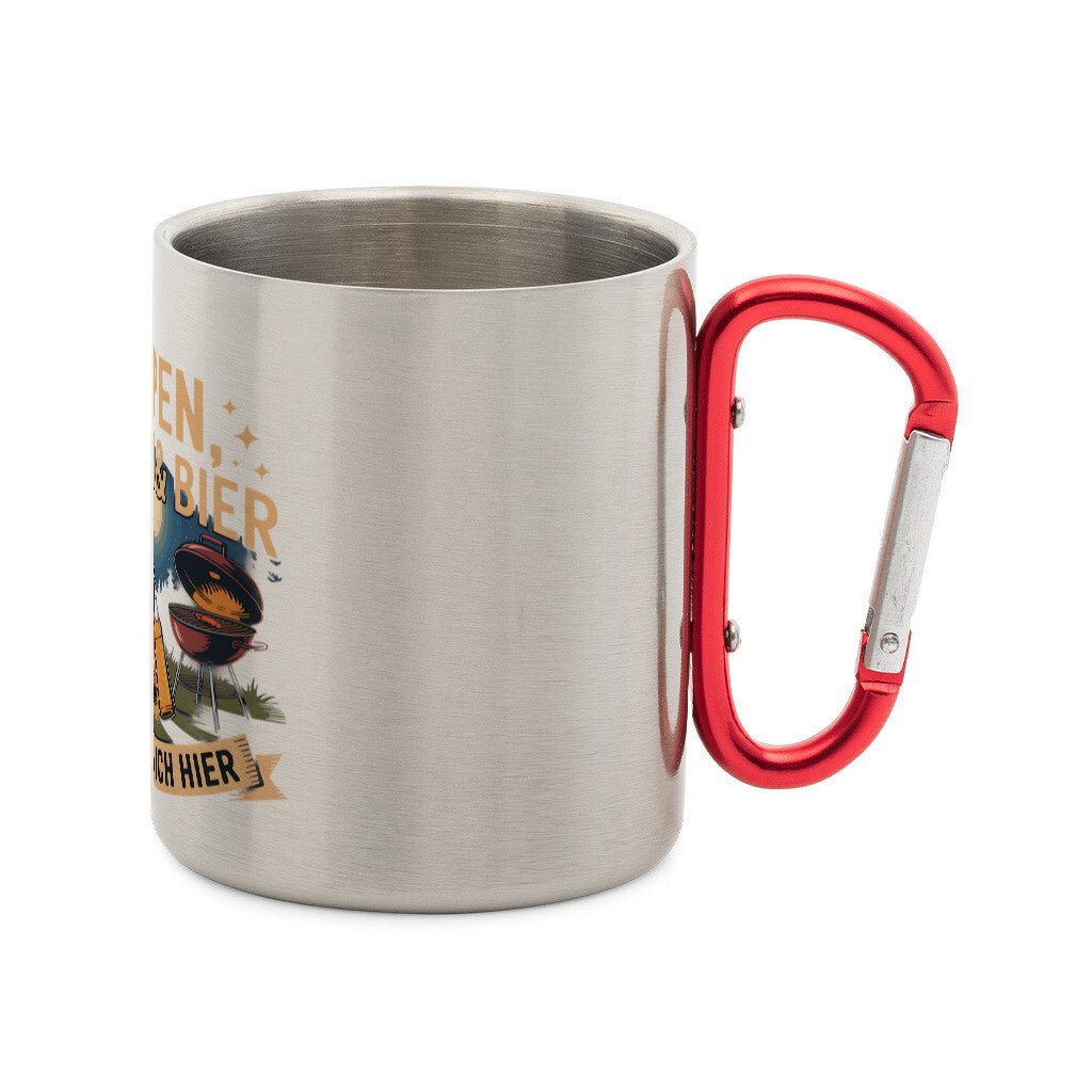 Edelstahl-Tasse mit Karabinergriff, ideal für Camping und Grillen, mit Motiv Feuer, Fleisch, Freiheit.
