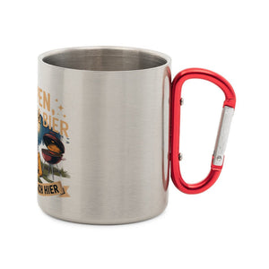 Edelstahl-Tasse mit Karabinergriff, ideal für Camping und Grillen, mit Motiv Feuer, Fleisch, Freiheit.