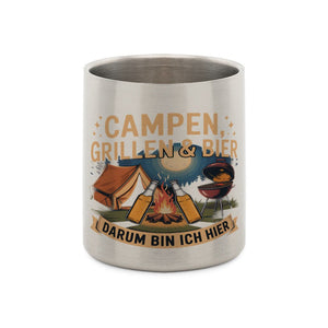 Edelstahl-Tasse mit "Campen, Grillen & Bier" Motiv, ideal für Camper, Grillfans und Bierliebhaber, mit praktischem Karabinergriff.