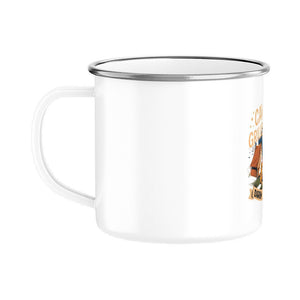 Enamel camping mug with camping, grilling, and beer theme, perfect for outdoor enthusiasts.