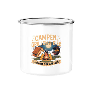 Emaille Tasse mit "Campen, Grillen & Bier" Motiv, ideal für Camping-Abende am Lagerfeuer.