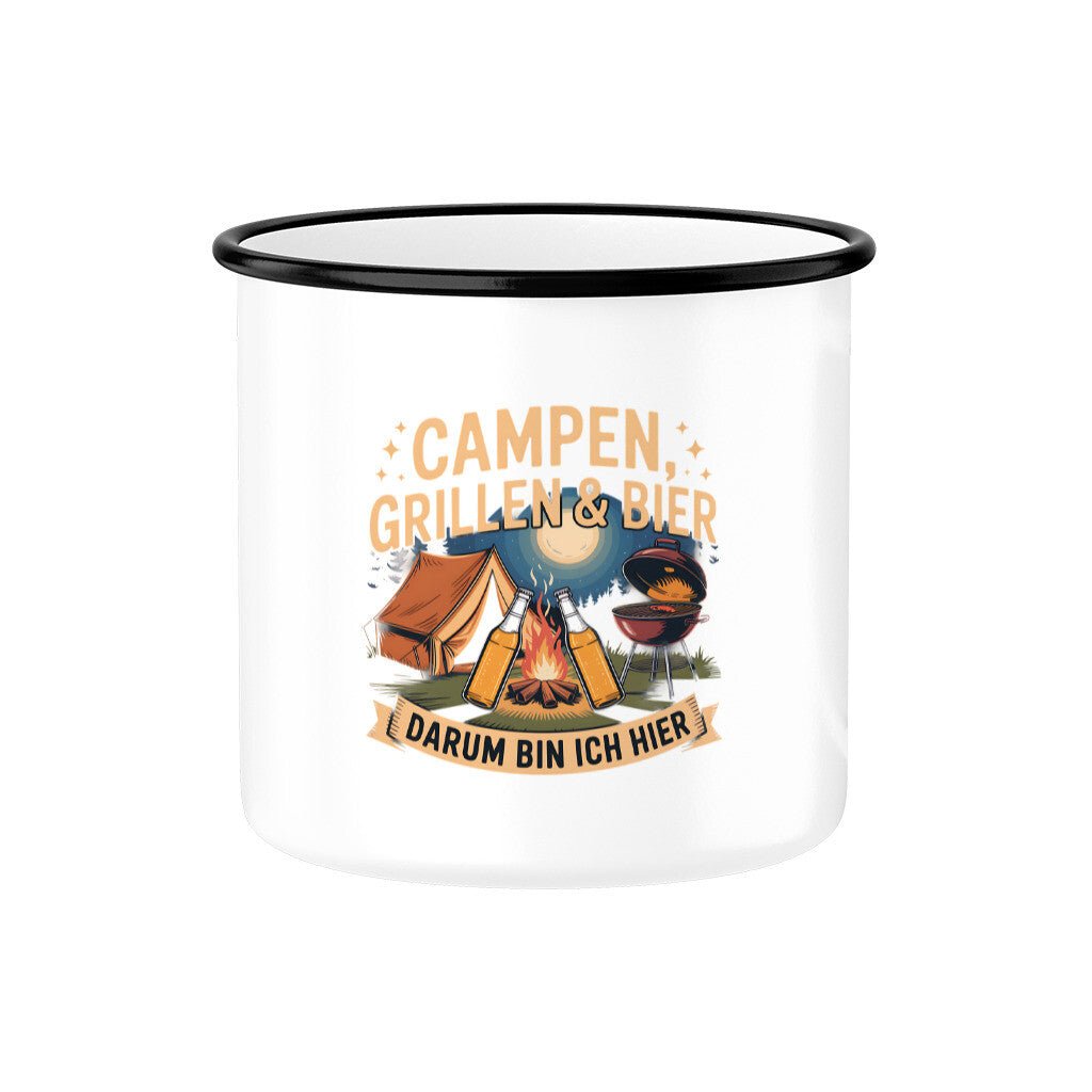Emaille-Tasse mit "Campen, Grillen & Bier" Motiv, Nostalgie-Design und Lagerfeuer-Illustration für Outdoor-Liebhaber.