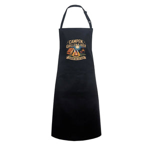Black grilling apron with 'Campen, Grillen & Bier' design, featuring camping motifs and beer mug, ideal for BBQ enthusiasts.
