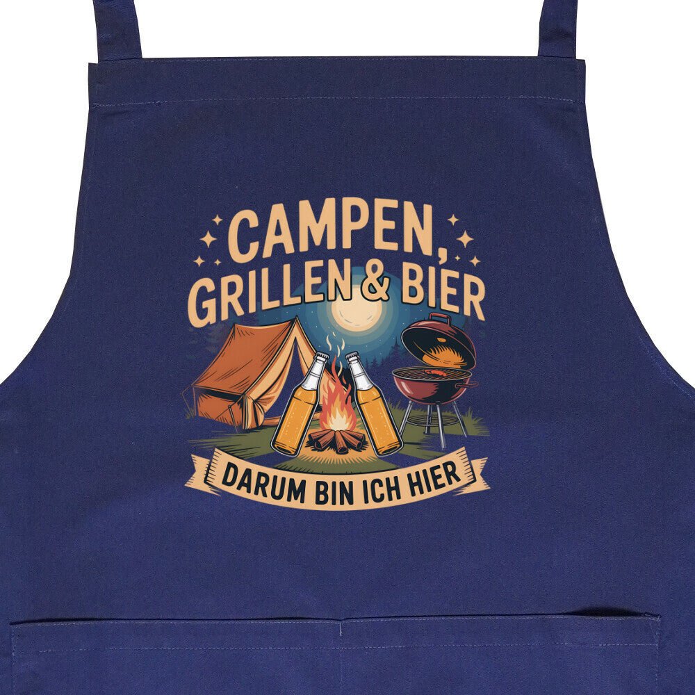 Grillschürze mit 'Campen, Grillen & Bier' Design, ideales Geschenk für Outdoor-BBQ-Fans.