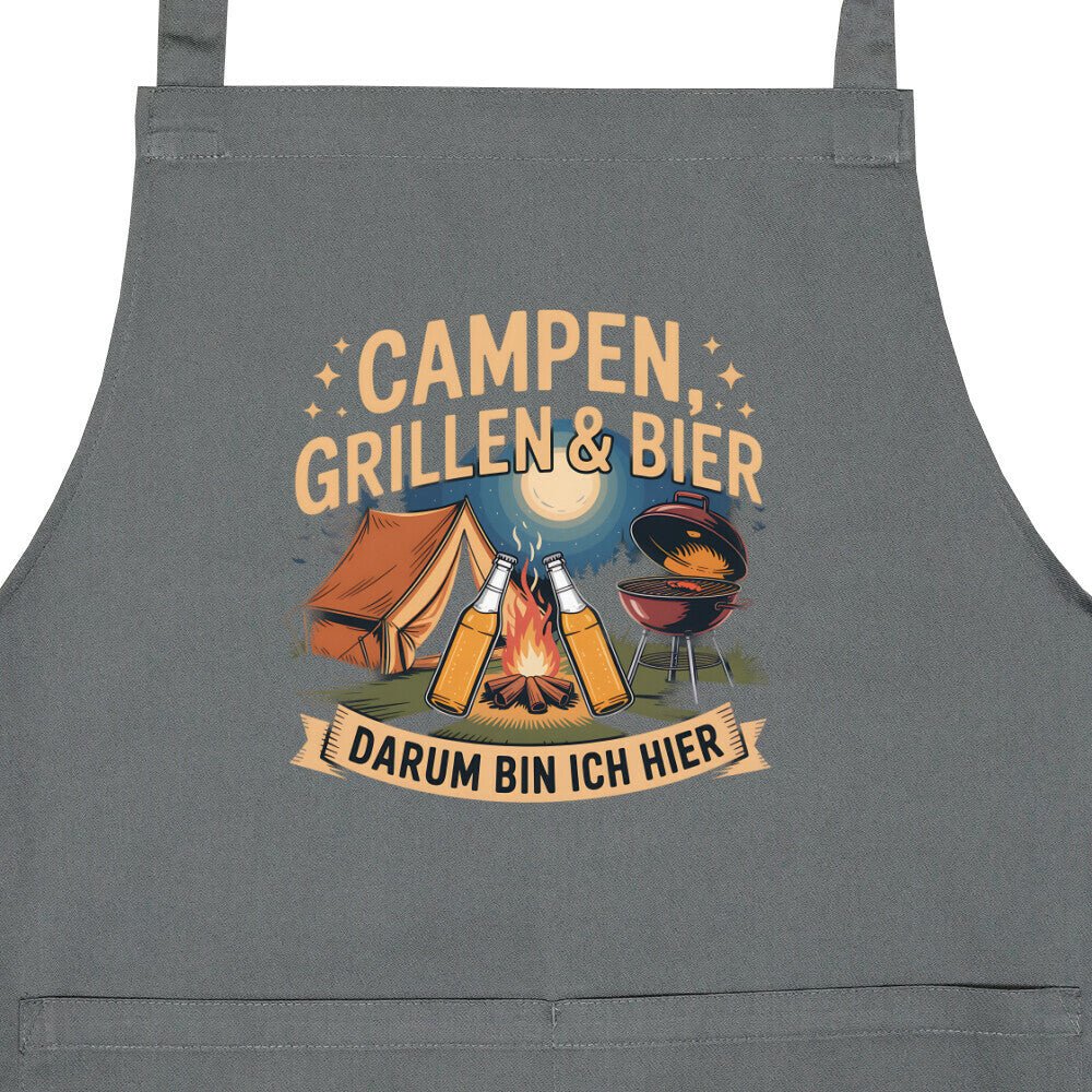Campen, Grillen & Bier Grillschürze mit Zelt, Grill und Feuer Motiv, robuste Schürze für Camping und Gartenpartys.