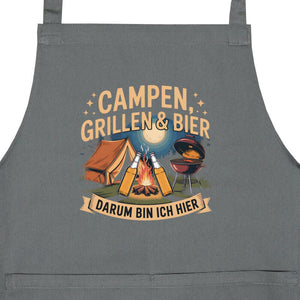 Campen, Grillen & Bier Grillschürze mit Zelt, Grill und Feuer Motiv, robuste Schürze für Camping und Gartenpartys.