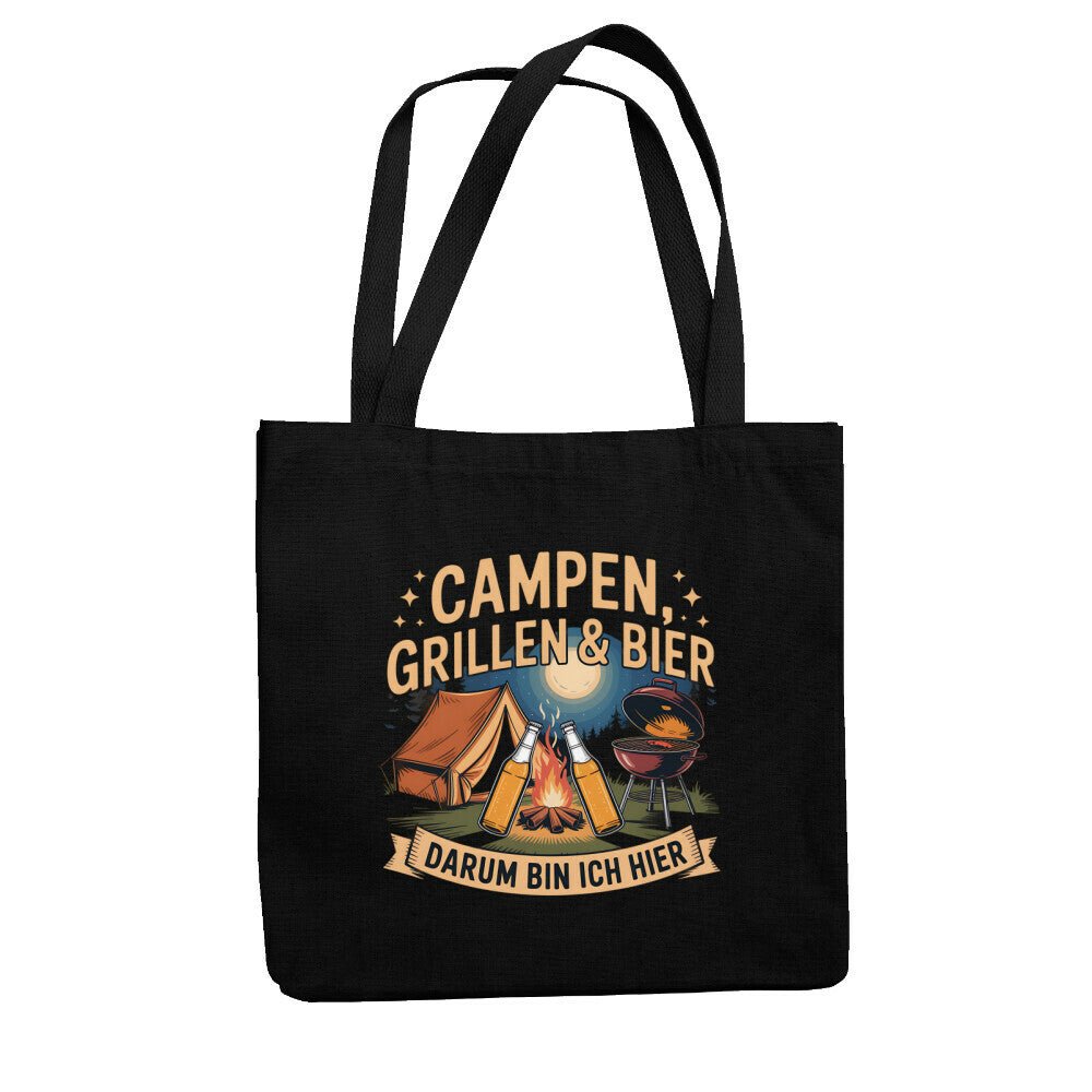Black tote bag with "Campen, Grillen & Bier, Darum bin ich hier" printed alongside campfire and grill graphics.