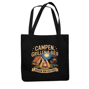 Black tote bag with "Campen, Grillen & Bier, Darum bin ich hier" printed alongside campfire and grill graphics.