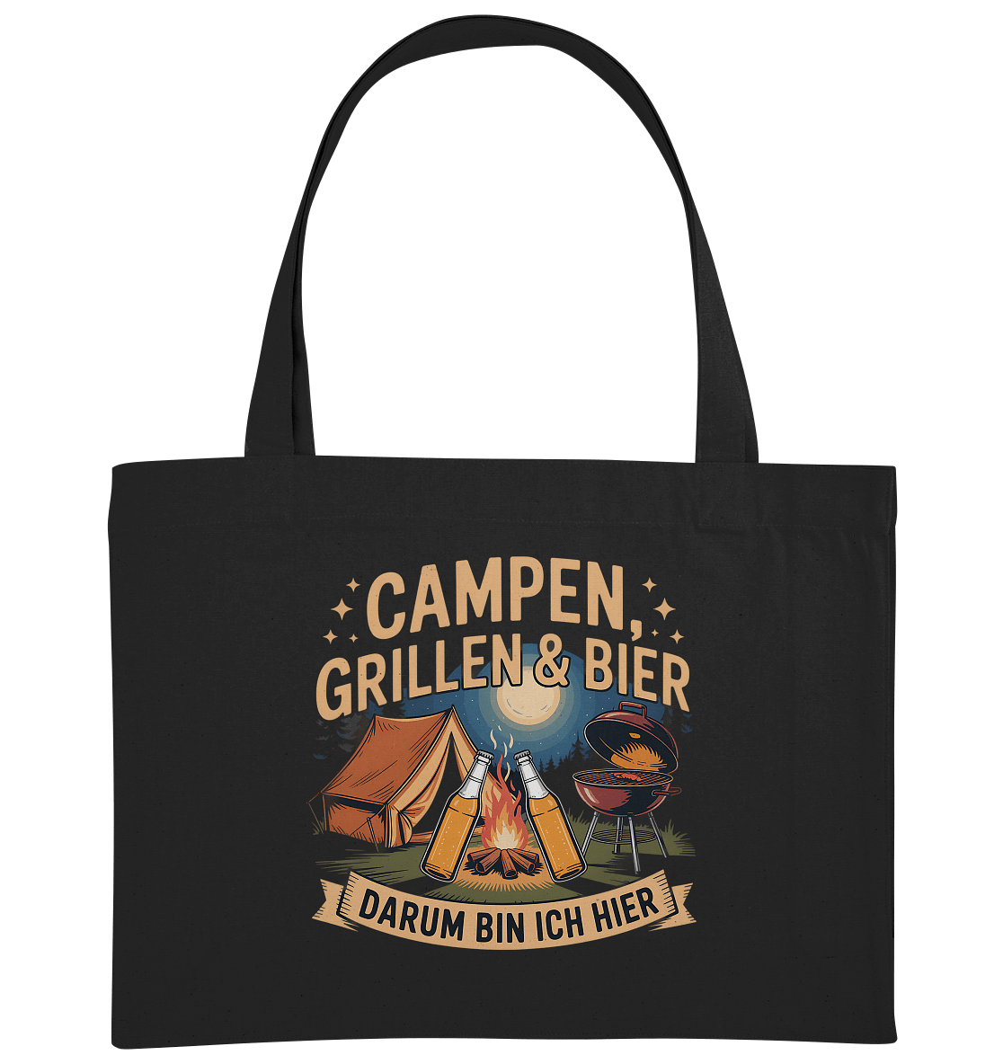 Organic shopping bag with 'Campen, Grillen & Bier' design, perfect for sustainable and humorous outdoor shopping.