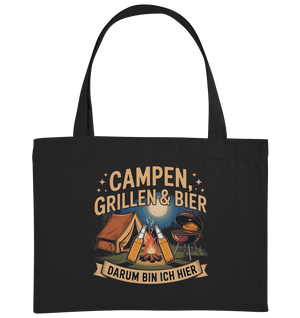 Organic shopping bag with 'Campen, Grillen & Bier' design, perfect for sustainable and humorous outdoor shopping.