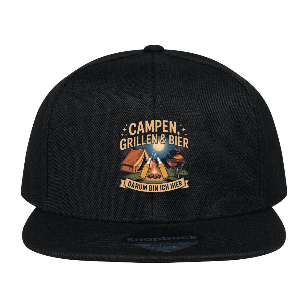 Black snapback cap featuring 'Campen, Grillen & Bier' slogan with camping and grill graphic, perfect for summer and outdoor events.