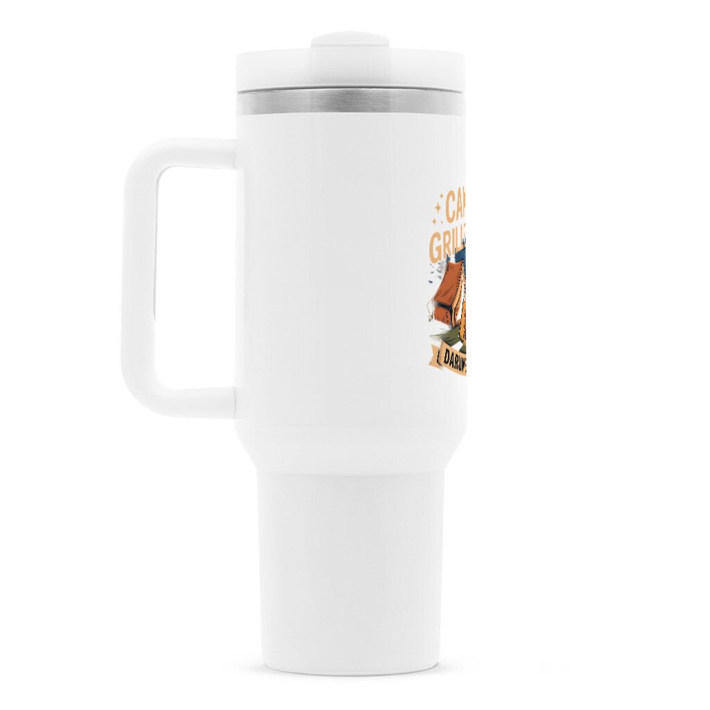 White thermos mug with camping and grilling design, ideal for keeping drinks hot or cold on outdoor adventures.