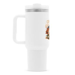 White thermos mug with camping and grilling design, ideal for keeping drinks hot or cold on outdoor adventures.