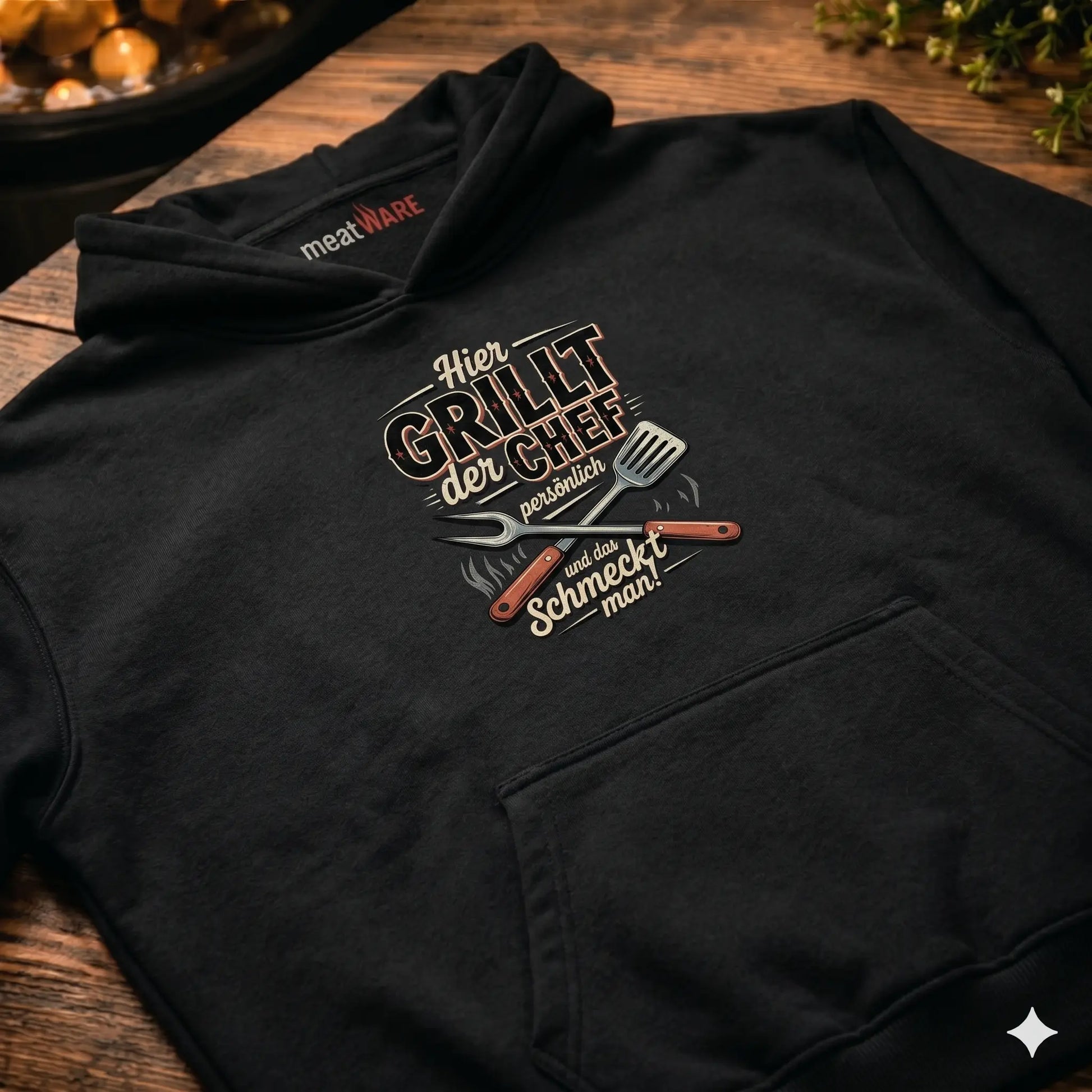 Eine Nahaufnahme eines schwarzen Oversized-Hoodies mit der Grafik "Hier GRILLT der CHEF persönlich" und gekreuzten Grillutensilien, präsentiert in einer Grill-Küchenszene auf einem Holzuntergrund mit dem "meatWARE"-Nackenlabel.