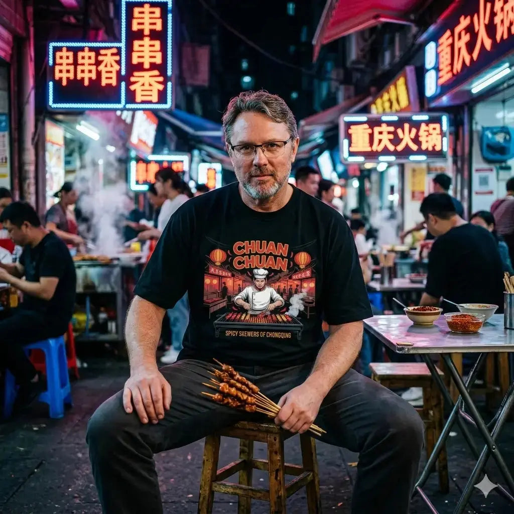 Mann im Chuan Chuan Oversized Shirt sitzt nachts in Neon-Gasse, hält Spieße.