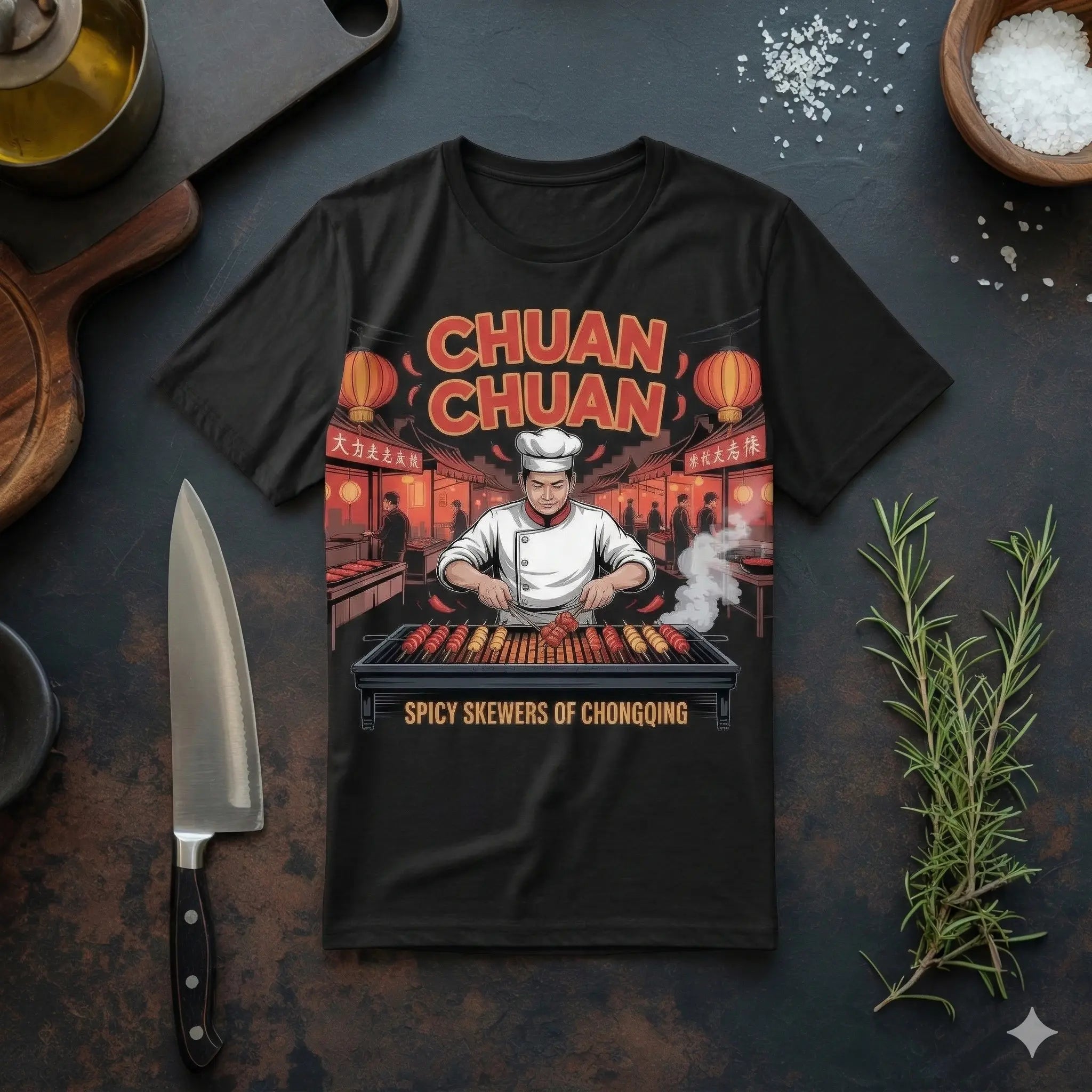 Ein schwarzes T-Shirt mit dem bunten Aufdruck ‚Chuan Chuan – Spicy Skewers of Chongqing‘ liegt flach auf einer dunklen Schiefer-Arbeitsplatte. Das Design zeigt einen chinesischen Koch, der an einem Straßenstand scharfe Spieße grillt, umgeben von roten Lampion-Laternen. Um das T-Shirt herum sind Küchenutensilien wie ein großes Kochmesser, ein Holzschneidebrett, Ölkännchen, Schalen mit Meersalz und frischer Rosmarin angeordnet.