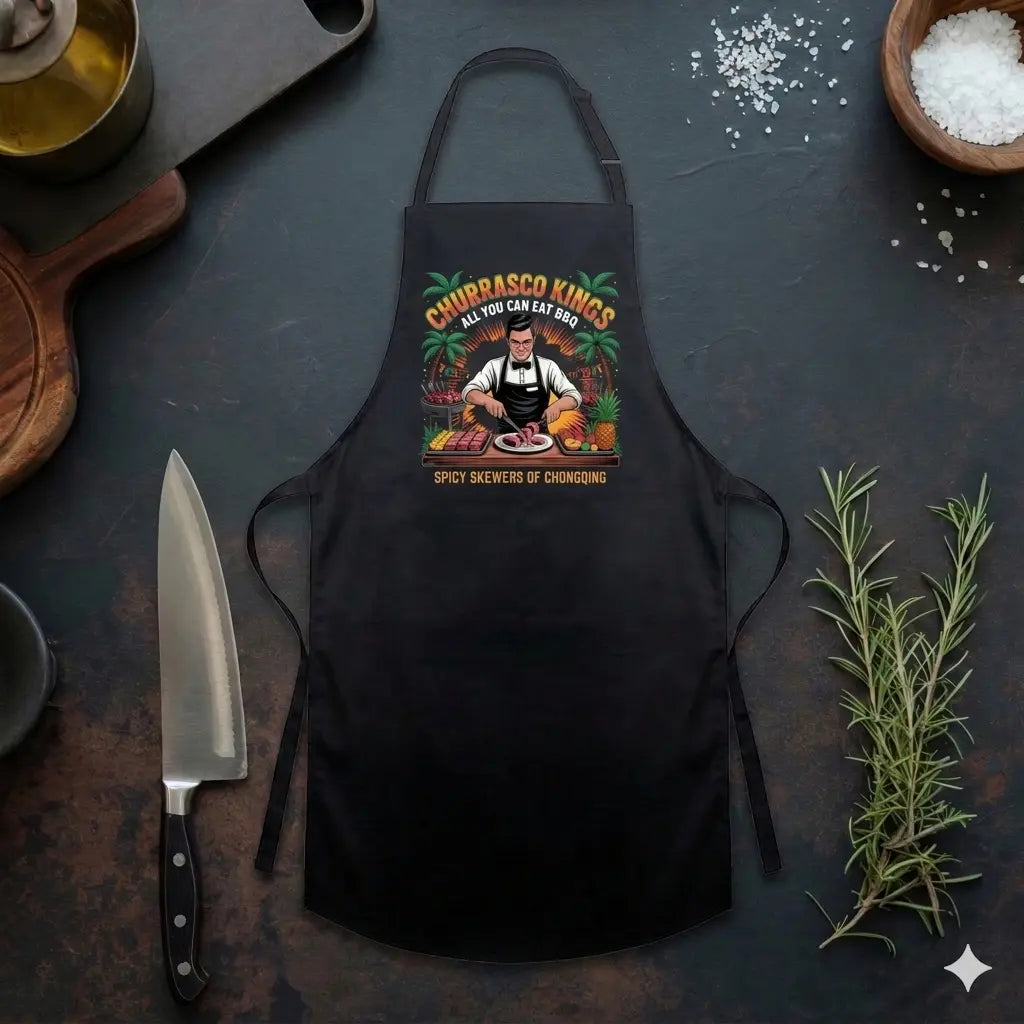 Eine flache Draufsicht auf eine schwarze Chuan Chuan Grillschürze, die auf einer rustikalen dunklen Küchentheke liegt. Das detaillierte Illustrations-Motiv auf der Schürze zeigt einen lächelnden chinesischen Koch mit Kochmütze, der über einem Grill mit vielen Spießen steht, umgeben von einem belebten Nachtmarkt mit roten Laternen und dem Text "CHUAN CHUAN" sowie "SPICY SKEWERS OF CHONGQING". Die Schürze ist umgeben von Kochutensilien wie einem großen Kochmesser, hölzernen Schneidebrettern, einem kupfernen Ö