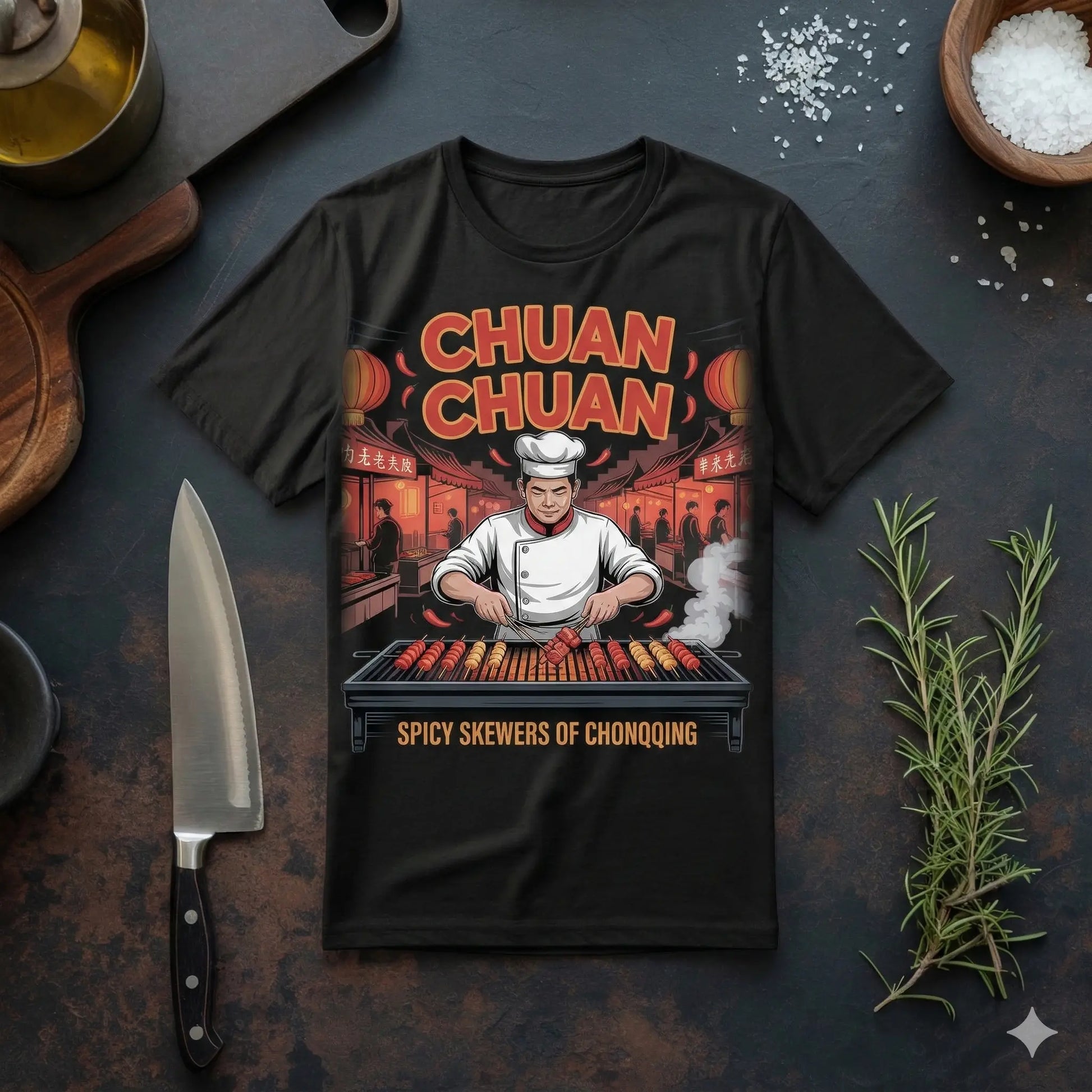 Eine flache Draufsicht auf ein schwarzes, übergroßes T-Shirt aus schwerer Baumwolle auf einer rustikalen Küchentheke. Das Shirt zeigt eine Vintage-Illustration eines chinesischen Kochs, der über einem Holzkohlegrill mit Spießen steht. Über dem Koch steht in großer, stilisierter Schrift "CHUAN CHUAN" und darunter "SPICY SKEWERS OF CHONGQING". Das T-Shirt wird von einem Kochmesser, Rosmarin und einer Schale mit Salz umrahmt.