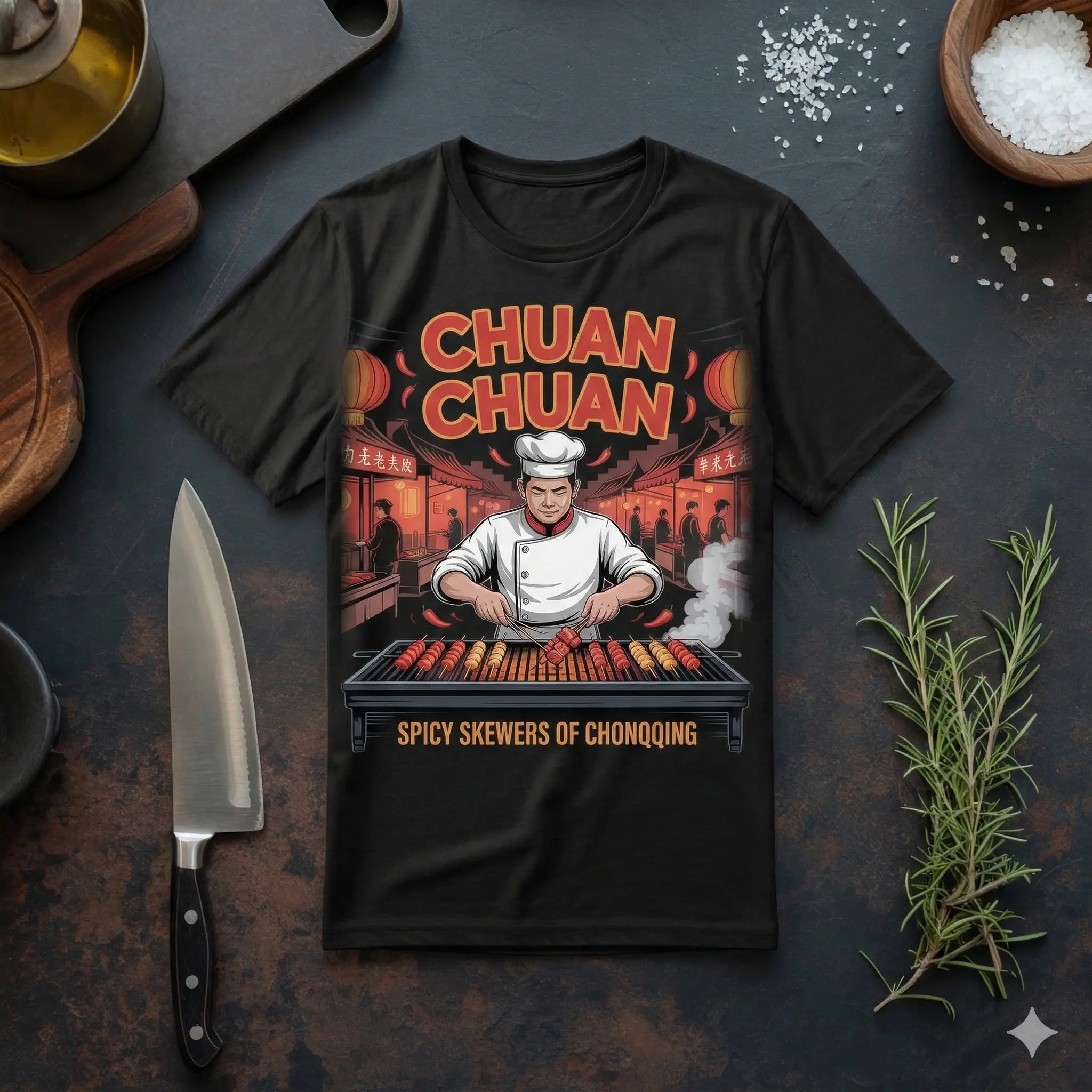 Eine flache Draufsicht auf ein schwarzes, übergroßes T-Shirt aus schwerer Baumwolle auf einer rustikalen Küchentheke. Das Shirt zeigt eine Vintage-Illustration eines chinesischen Kochs, der über einem Holzkohlegrill mit Spießen steht. Über dem Koch steht in großer, stilisierter Schrift "CHUAN CHUAN" und darunter "SPICY SKEWERS OF CHONGQING". Das T-Shirt wird von einem Kochmesser, Rosmarin und einer Schale mit Salz umrahmt.
