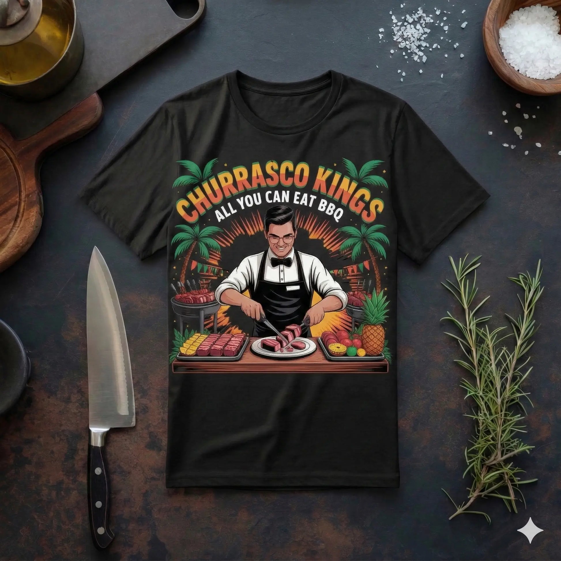 Eine flache Draufsicht auf ein schwarzes "Churrasco Kings" T-Shirt, das auf einer rustikalen dunklen Küchentheke liegt. Das detaillierte Illustrations-Motiv auf dem Shirt zeigt einen lächelnden brasilianischen Churrasco-Kellner mit Fliege und Schürze, der Picanha-Fleisch am Tisch schnitzt. Über der Illustration steht der geschwungene Text "CHURRASCO KINGS" in Gelb und Grün, darunter "ALL YOU CAN EAT BBQ". Der Kellner ist umgeben von Fleischspießen, Ananas, anderen Früchten, einem Holzkohlegrill und Palmen i