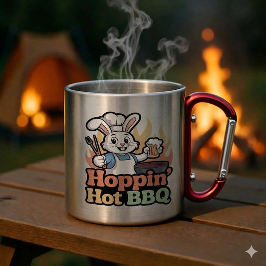 Personalisierte Edelstahl-Thermotasse mit Karabinergriff und dem "Hoppin' Hot BBQ"-Hase-Logo. Die Tasse steht auf einem Holztisch bei einem gemütlichen Lagerfeuer beim Camping.