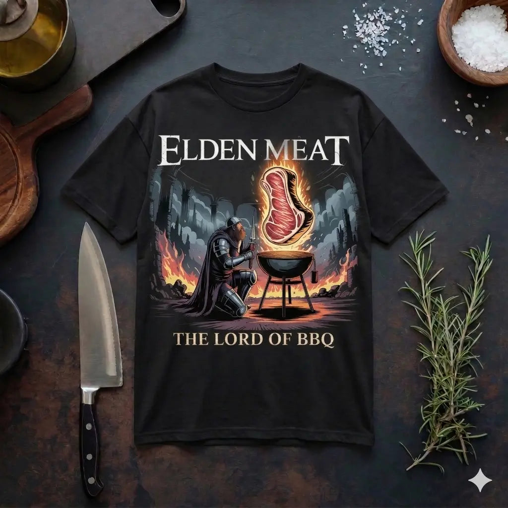 Eine flache Draufsicht auf ein schwarzes "Elden Meat" T-Shirt, das auf einer rustikalen dunklen Küchentheke liegt. Das detaillierte Illustrations-Motiv auf dem Shirt zeigt einen gepanzerten Ritter in voller Rüstung, der auf einem Knie vor einem Holzkohlegrill kniet und zu einem riesigen, brennenden Steak aufblickt, das über dem Grill schwebt. Über der Illustration steht der geschwungene Text "ELDEN MEAT" in Weiß, darunter "THE LORD OF BBQ". Das T-Shirt ist umgeben von Kochutensilien wie einem großen Kochmes