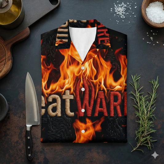 Ein ordentlich gefaltetes Kurzarmhemd mit einem vollflächigen Flammen-Design und dem gestickten Schriftzug „eatWARE“ liegt auf einer dunklen, rustikalen Arbeitsplatte. Das Mockup ist mit Küchenutensilien wie einem Profi-Messer, frischem Rosmarin und grobem Salz dekoriert