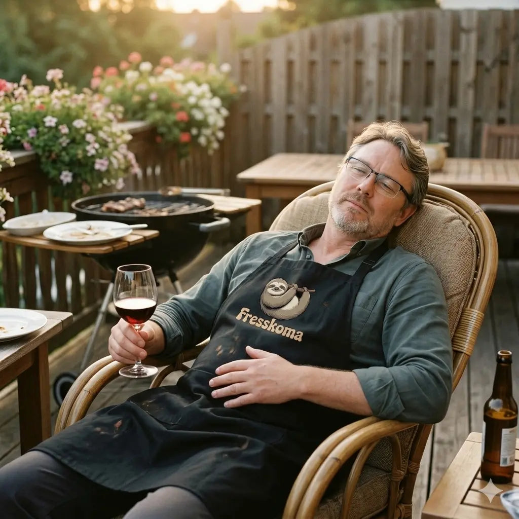 Lustige schwarze Kochschürze mit Faultier und Text "Fresskoma" im gemütlichen Terrassen-Setting getragen.