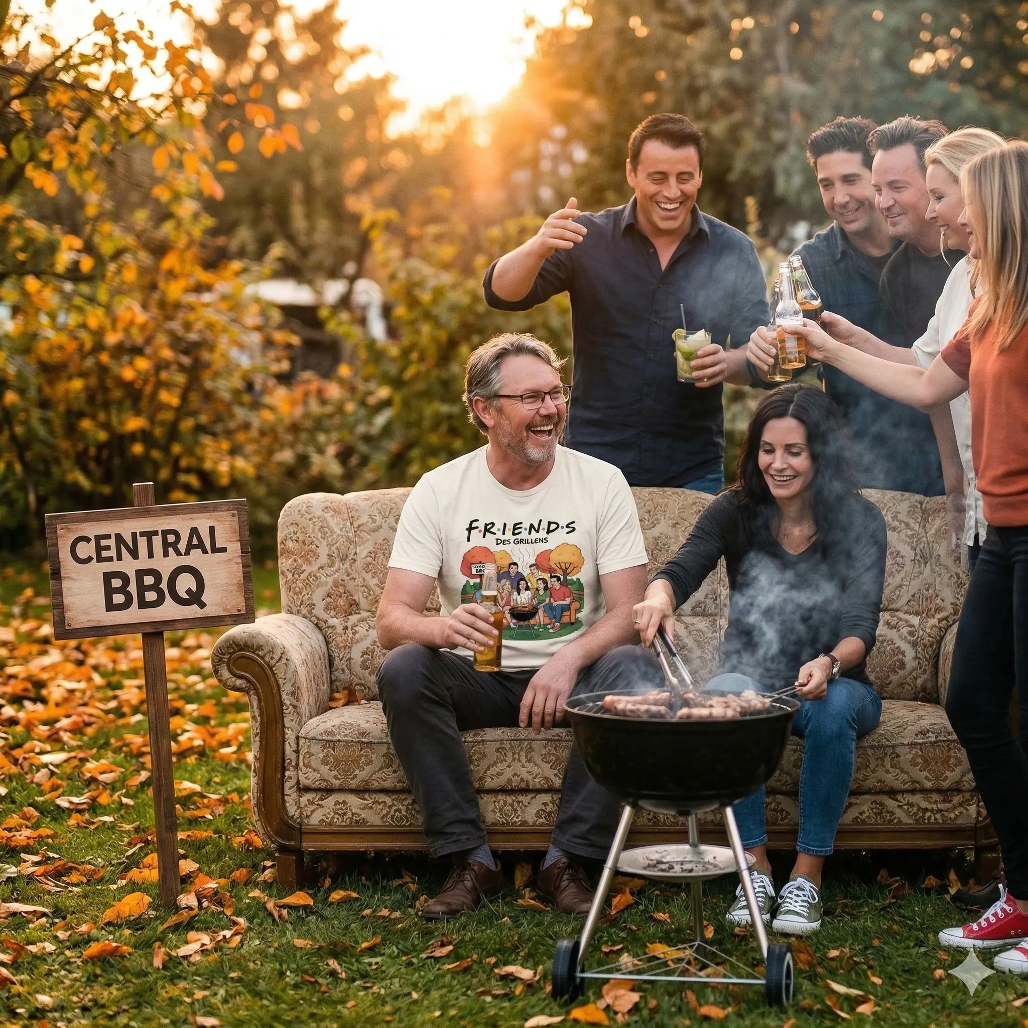 Mann in "Friends des Grillens" Shirt sitzt auf Sofa im herbstlichen Garten bei Golden-Hour-Grillparty.
