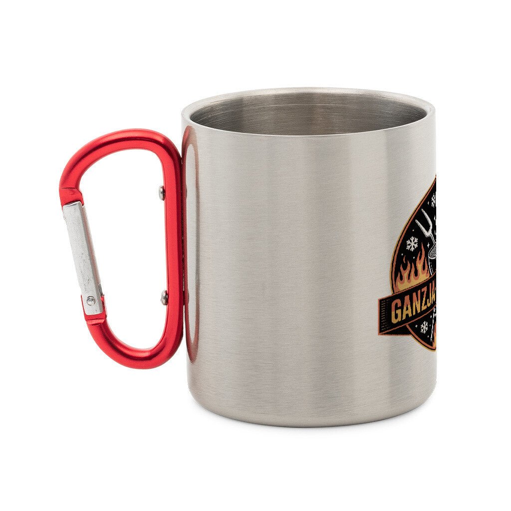 Ganzjahresgriller - Logo - Edelstahl - Tasse mit Karabiner | Mug | Meatware