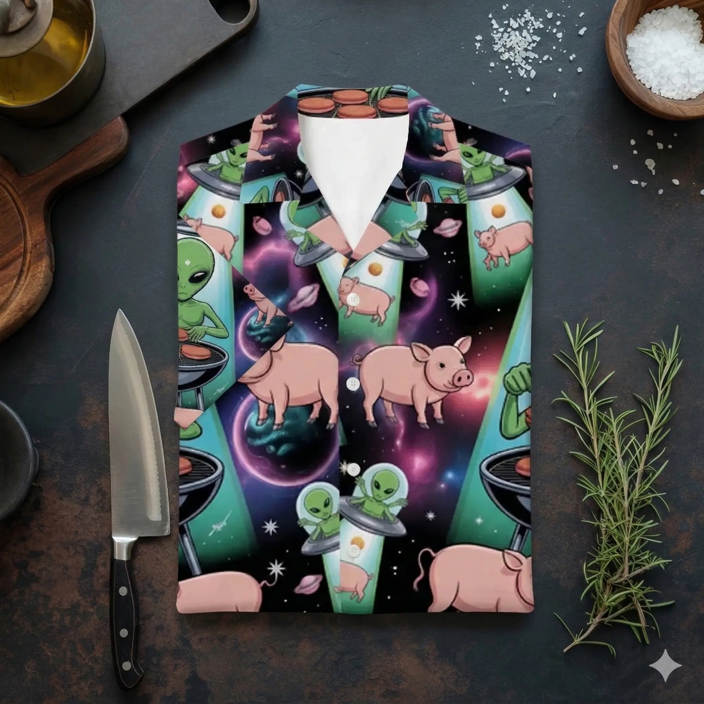 Eine Draufsicht auf ein ordentlich gefaltetes Hawaiihemd mit einem surrealen Print von Aliens beim Grillen und fliegenden Schweinen im Weltraum, platziert auf einem rustikalen Küchentisch-Mockup neben einem Kochmesser und Rosmarinzweigen.