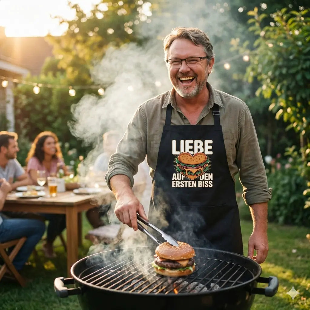 Lachender Mann am Grill trägt Schürze "Liebe auf den ersten Biss" bei einer sommerlichen Gartenparty mit Freunden