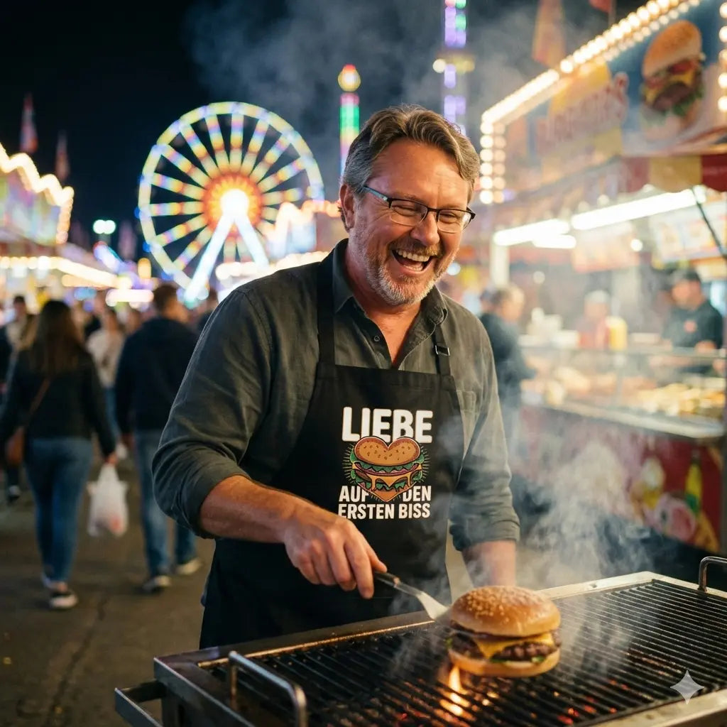 Lachender Mann am Grill trägt Schürze "Liebe auf den ersten Biss" bei einer Jahrmarkt