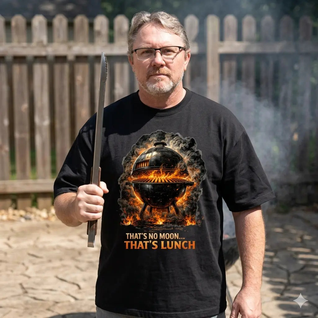 Frontale Aufnahme eines Mannes am Grill, der ein schwarzes T-Shirt mit brennendem Todesstern-Grill und der Aufschrift "THAT'S NO MOON... THAT'S LUNCH" trägt. Er hält eine Grillzange wie ein Lichtschwert.