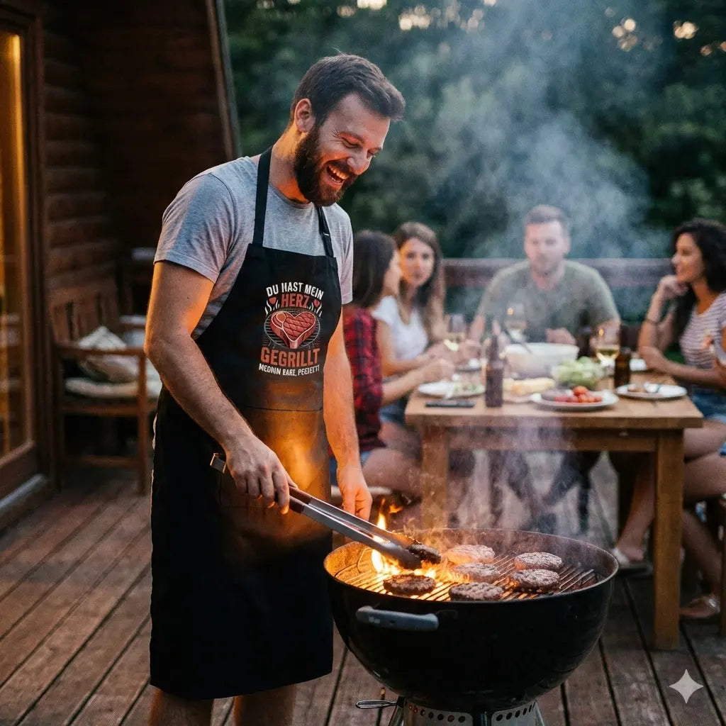 Lachender Mann am Grill in schwarzer Schürze mit Steak-Herz-Motiv "Du hast mein Herz gegrillt", rauchige BBQ-Party