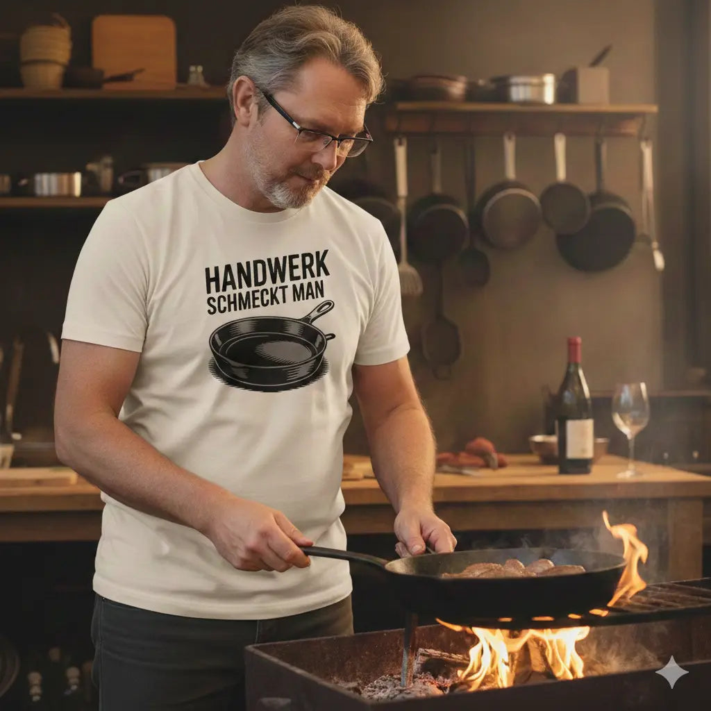 Beiges Meatware T-Shirt mit minimalistischem Pfannen-Motiv im Holzschnitt-Stil und Schriftzug Handwerk schmeckt man
