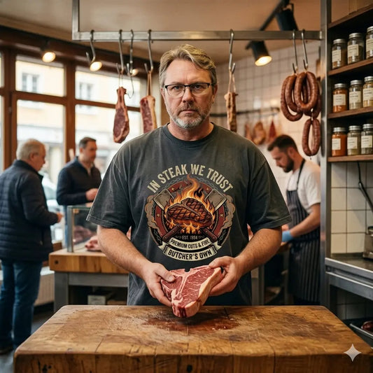 Nahaufnahme: Griller im 'In Steak We Trust'-Shirt hält Fleischbeil vor T-Bone Steak.