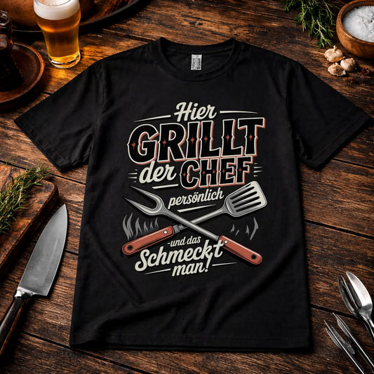 Schwarzes Oversized T-Shirt für Herren mit Hier grillt der Chef persönlich Motiv im BBQ Stil, flach liegend auf rustikalem Holztisch mit Grillbesteck, Bier und Gewürzen im Hintergrund, Meatware Design