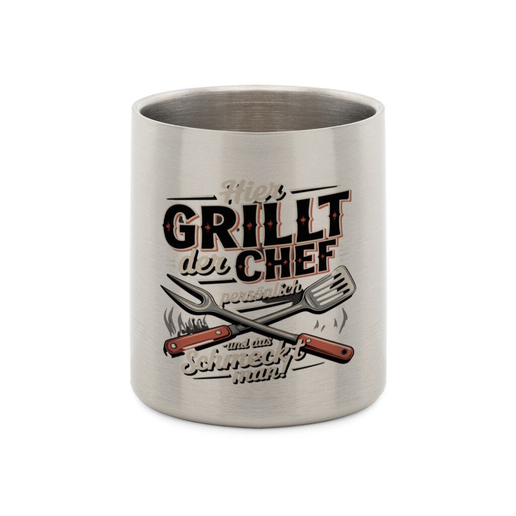 Hier grillt der Chef persönlich - Edelstahl - Tasse mit Karabiner | Mug | Meatware