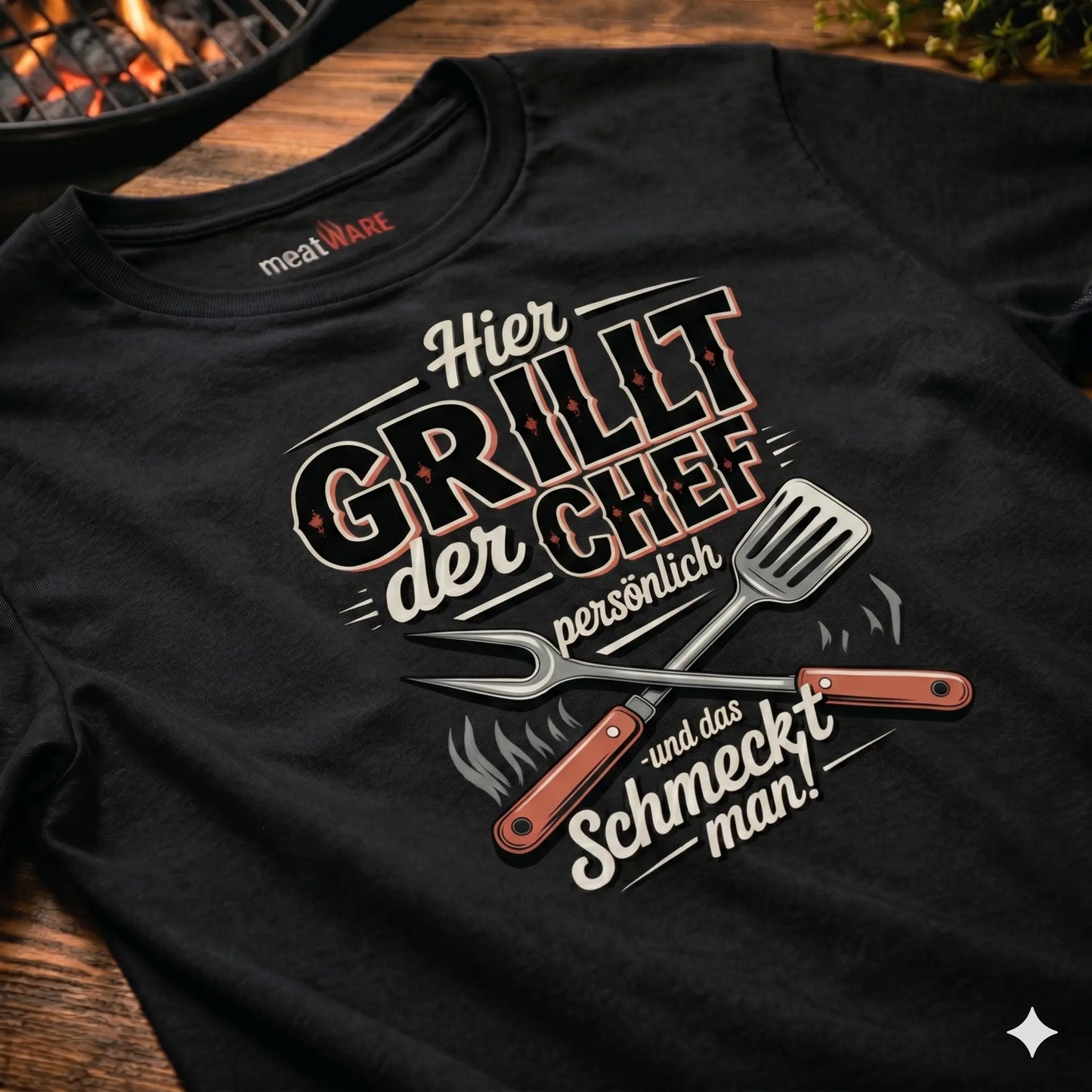 Eine Nahaufnahme eines schwarzen T-Shirts, das flach auf einem Holztisch neben einem Grill liegt, mit dem grafischen Aufdruck: "Hier GRILLT der CHEF persönlich - und das Schmeckt man!" und gekreuzten Grillutensilien.