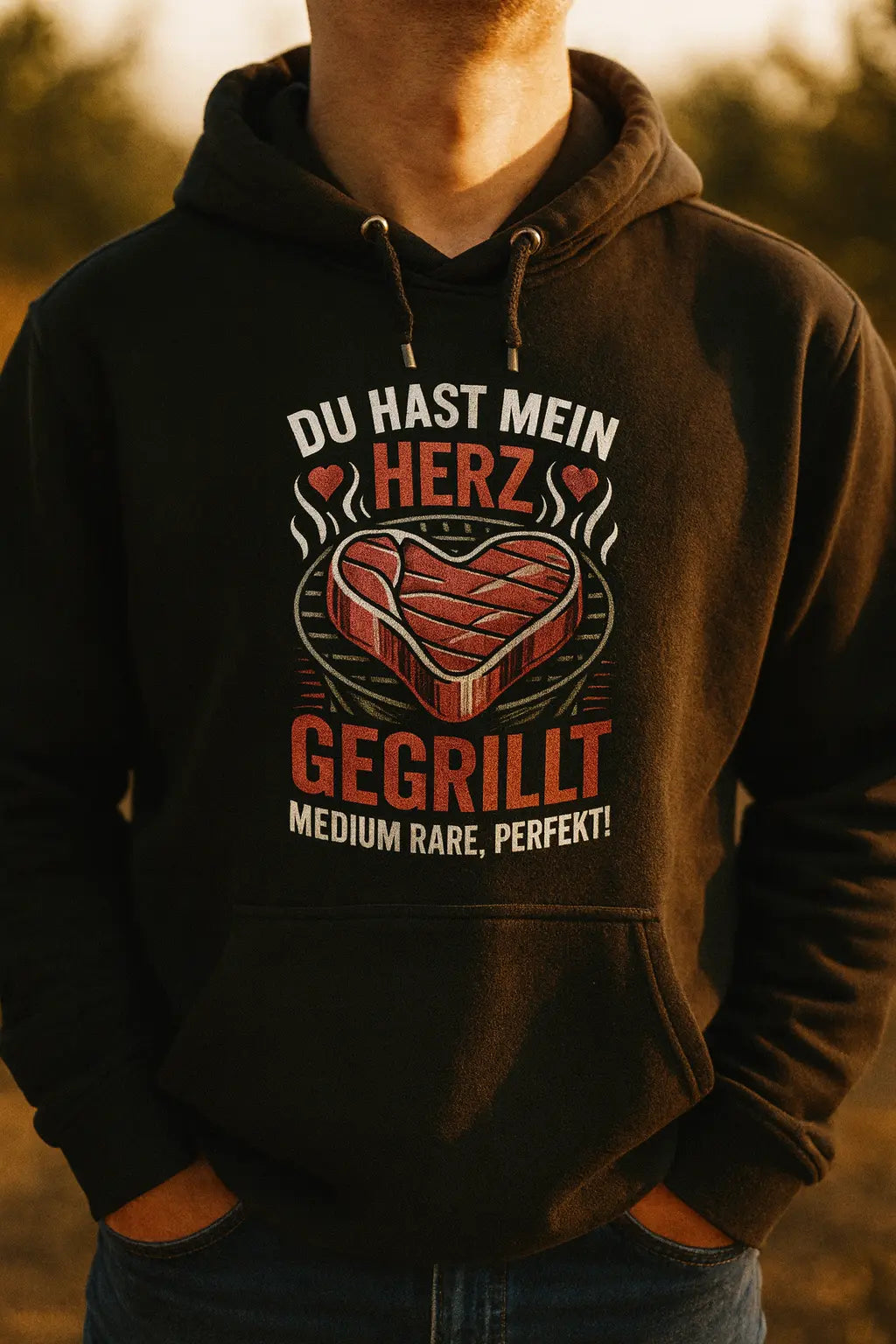 Fotorealistisches Mockup eines schwarzen Hoodies mit Herz‑Steak‑Print und deutschem Text, getragen im Freien bei goldener Stunde; warmes Seitenlicht, leichter Grillrauch, unscharfer Hintergrund