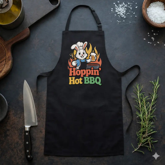 Schwarze Meatware Grillschürze mit Hoppin Hot BBQ Grillhasen Design im BBQ Küchen Flatlay Mockup mit Messer, Rosmarin und Gewürzen