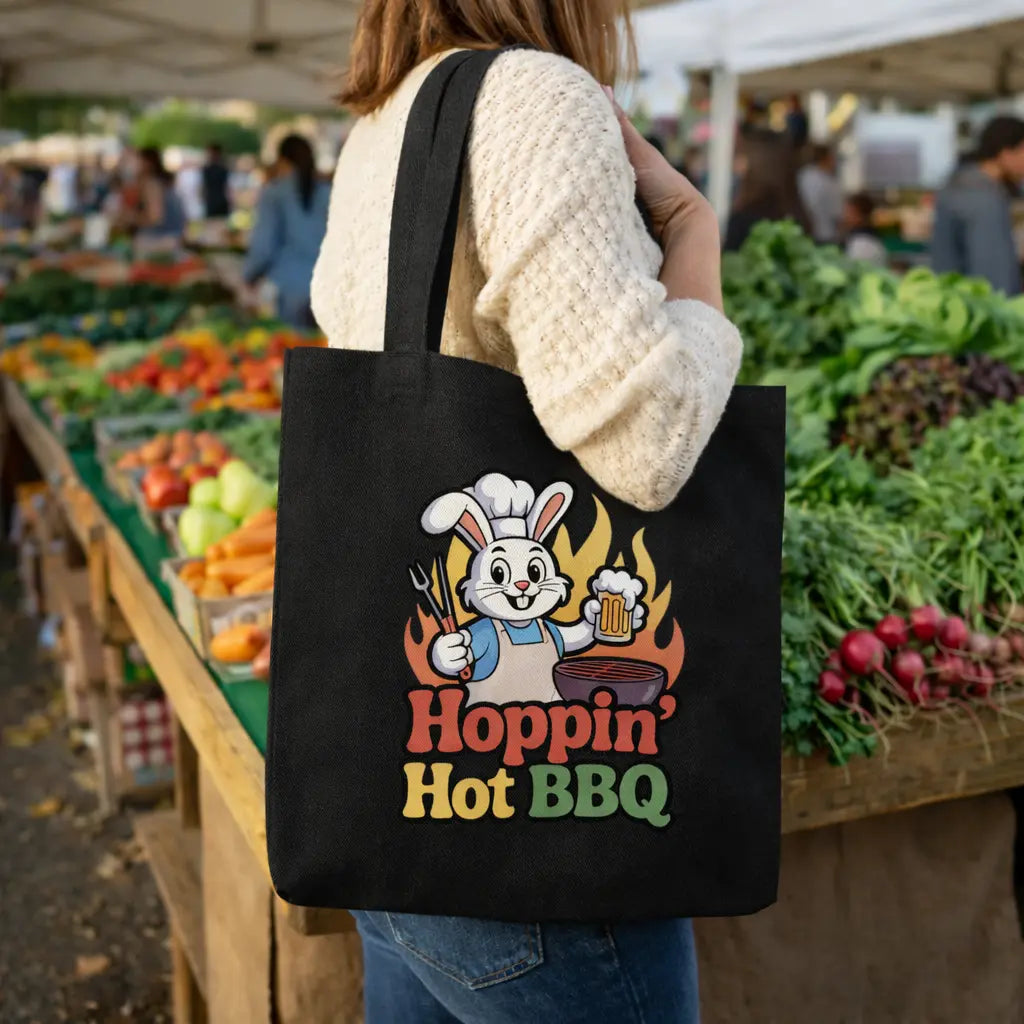 Schwarzer Meatware Jutebeutel mit Hoppin Hot BBQ Grillhasen Design getragen auf einem Wochenmarkt mit frischem Gemüse und Marktständen im Hintergrund