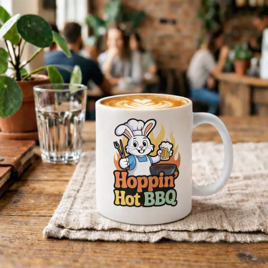 Weiße Meatware Keramiktasse mit Hoppin Hot BBQ Grillhasen Design auf Holztisch in gemütlichem Café Mockup mit Cappuccino und Wasser