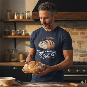 Navy Meatware T-Shirt mit handgezeichnetem Brot-Motiv im Gravurstil und Weizenähre für Bäcker