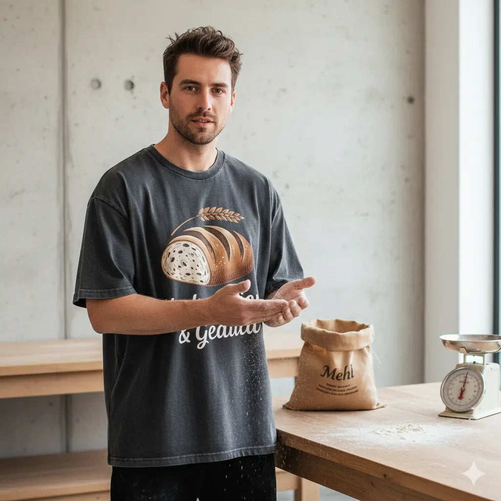 Grey Ash Meatware Oversized T-Shirt mit detaillierter Brot-Gravur und Weizenähre, hochwertiger Heavy-Cotton-Stoff