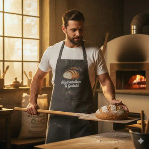 Schwarze Meatware Koch- und Backschürze mit detaillierter Brot-Illustration und verstellbaren Trägern