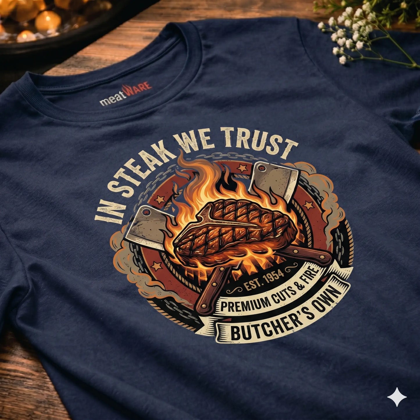 Schräge Draufsicht auf ein dunkelblaues Baumwoll-T-Shirt der Marke 'meatWARE', das auf einem rustikalen Holztisch liegt. Die Nahaufnahme zeigt ein detailliertes Vintage-Grafikdesign auf der Brust mit dem brennenden Steak-Motiv, den gekreuzten Hackmessern und dem Text 'IN STEAK WE TRUST', 'EST. 1954', 'PREMIUM CUTS & FIRE', und 'BUTCHER'S OWN' in Beige und Orange. Das rote 'meatWARE'-Logo ist am Innenkragen sichtbar. Im Hintergrund sind unscharf eine Feuerschale mit Glut und Blumen zu erkennen.